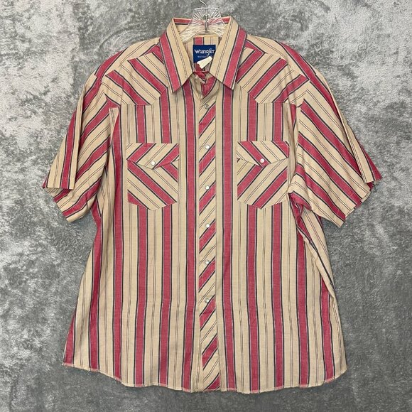 Vtg Wrangler Men Classic Western Cowboy Red Cream Striped Pearl Snap Shirt XL - Picture 1 of 8
